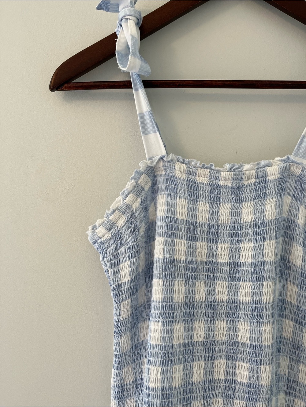 Japna Smocked Gingham Tie-Strap Mini Dress Blue & White S - Picture 3 of 11